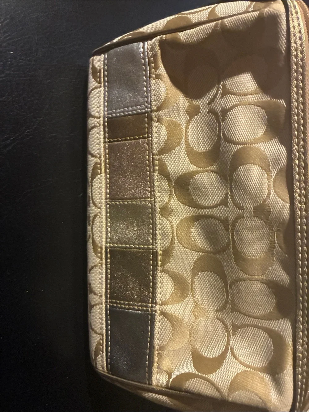 Coach Beige Signature Cosmetic Pouch with Metallic Gold Trim - Picture 2 of 4